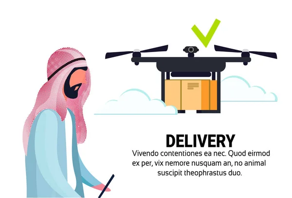 Arabic man operator drone flying geo tag delivery air package mobile application shipment carry quadcopter navigation isolated horizontal flat copy space — Stock Vector