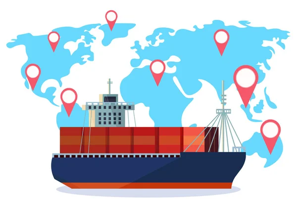 Industrial sea freight ship cargo logistics container world map geo tag navigation import export water delivery transportation concept international shipping flat horizontal — Stock Vector