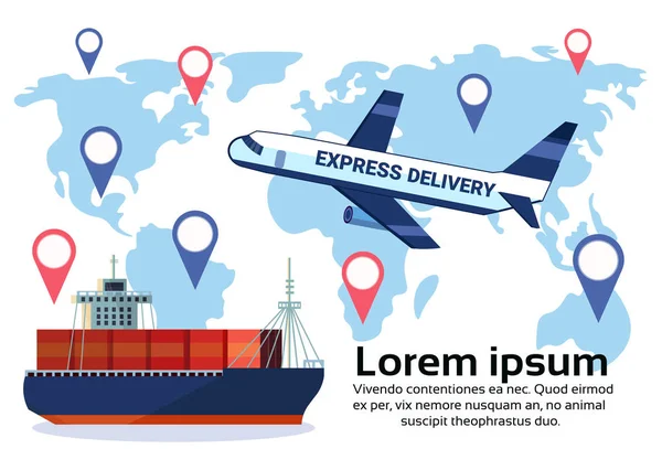物流地理标签集不同的交付空运货物运输海运运输位置分配车辆国际运输概念平面水平复制空间 — 图库矢量图片