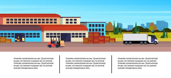 Almacén carga carretilla elevadora carga semi camión infografía plantilla logística entrega transporte concepto envío internacional paisaje urbano plano horizontal banner espacio de copia — Vector de stock