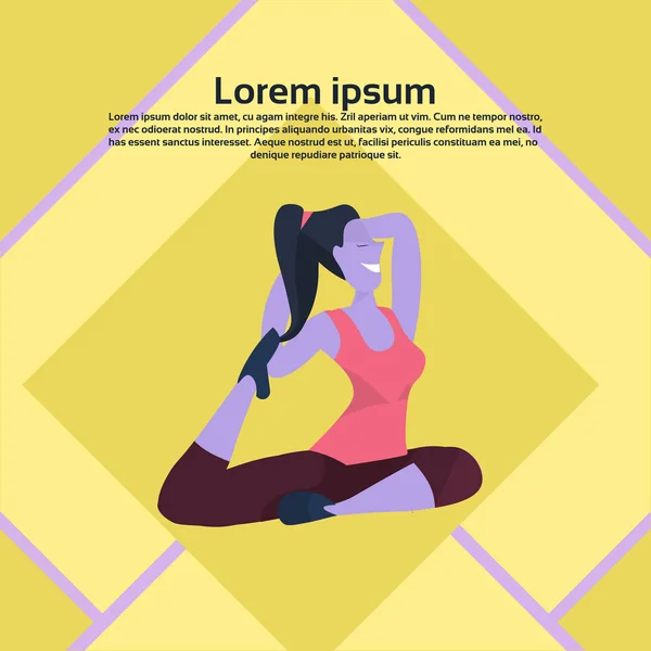 Donna che fa esercizi di yoga stile di vita attivo concetto femminile personaggio dei cartoni animati piatto copia spazio — Vettoriale Stock