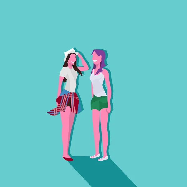 Ženy přátelé stál dohromady letní dovolené koncept ženské kreslený charakter celé délce plochý — Stockový vektor