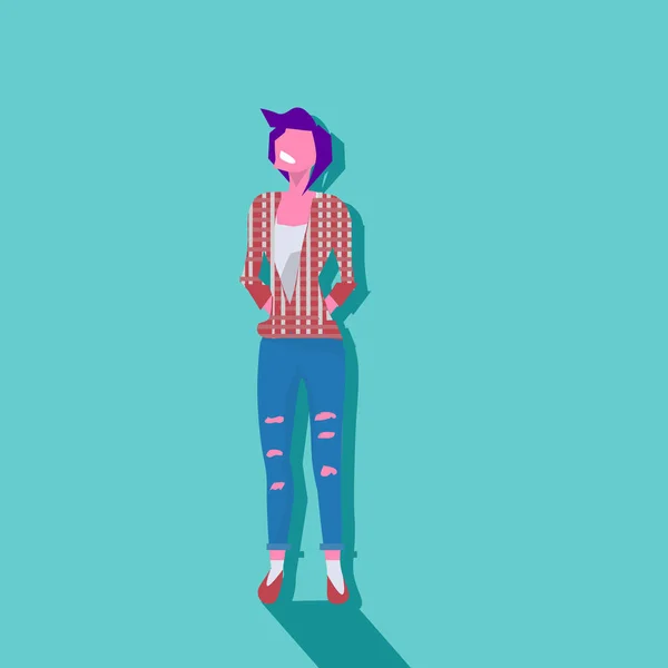 Femme violette cheveux hipster main dans poche debout pose femelle personnage de dessin animé pleine longueur plat — Image vectorielle