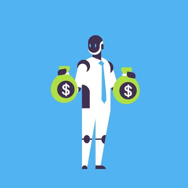 Konsultant Dolar finansowy Robot trzyma pieniądze torby bot pomocnika wzrostu bogactwa koncepcji sztucznej inteligencji niebieski tło płaskie pełnej długości — Wektor stockowy