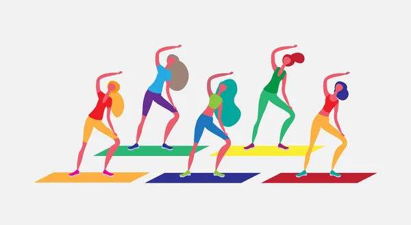 Groupe de femmes faisant des exercices aérobies personnage de dessin animé sport activités féminines isolé mode de vie sain concept pleine longueur horizontale plat — Image vectorielle