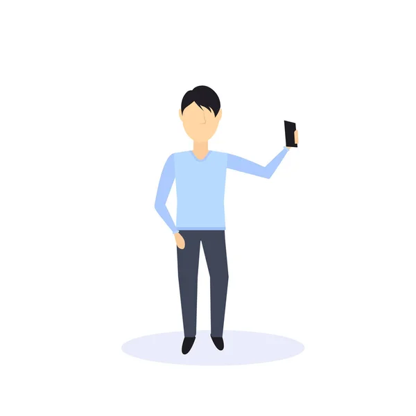Morena homem fazendo selfie em pé pose isolado sem rosto silhueta masculino desenho animado personagem completo comprimento plano — Vetor de Stock