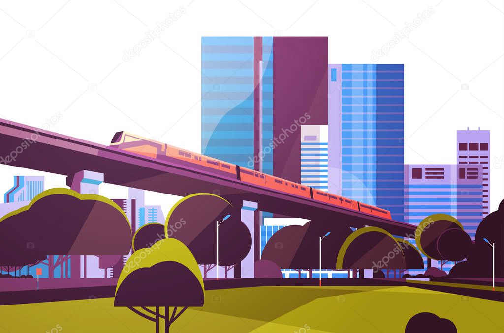 Subway monorail over city skyscraper view cityscape background skyline flat horizontal vector illustration