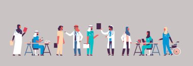 Grup Arap doktorlar hastane iletişim bilimsel deneyler çeşitli tıbbi işçi Arap adam kadını çizgi film karakteri düz banner yapma