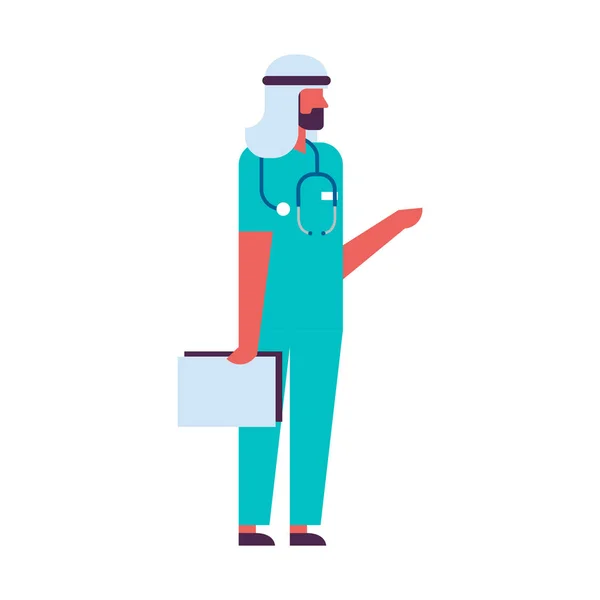 Arab man holding clipboard medical doctor phonendoscope healthcare concept profile icon arabic male full length flat — Stock Vector