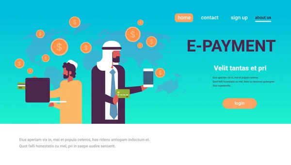 Arabische mannen met behulp van global betaling toepassing geld transfer e-betaling concept dollar munt wereld kaart achtergrond platte kopie ruimte horizontale — Stockvector