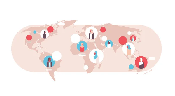 Árabe pessoas no mapa do mundo bate-papo bolhas comunicação global árabe colegas de trabalho conexão conceito avatar árabe homem mulher enfrenta plana horizontal —  Vetores de Stock