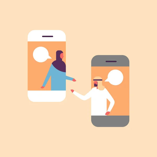 Para arabski czat pęcherzyki aplikacji mobilnej komunikacji mowy dialogu arab człowiek kobieta charakter tło portret płaski — Wektor stockowy