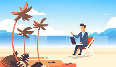 Businessman freelance remote working place beach summer vacation tropical palms island business man suit using laptop horizontal flat