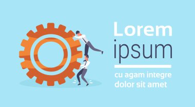 Dişli çark simgesi takım çalışması iş erkek karakter karikatür karikatür çalışkan işlem kavramı iterek iki iş adamları alanı düz yatay kopyalama