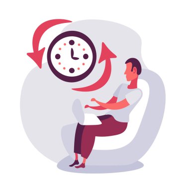 işadamı oturma kullanarak dizüstü bilgisayar saati zaman yönetimi son tarih kavramı düz iş adamı izole karakter karikatür