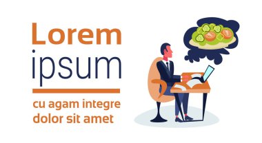 sebze salatası rüya öğle yemeği kavramı çizgi film karakteri izole tam uzunlukta düz yatay kopya alanı hakkında dizüstü düşünme kullanarak office oturan işadamı