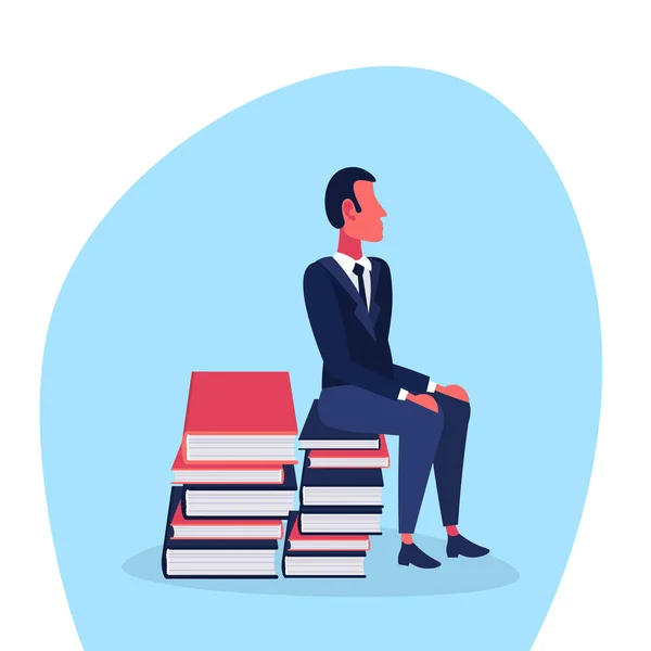 Casual man sitting book stack brainstorming konzept student education prozess männlich cartoon figur flach — Stockvektor