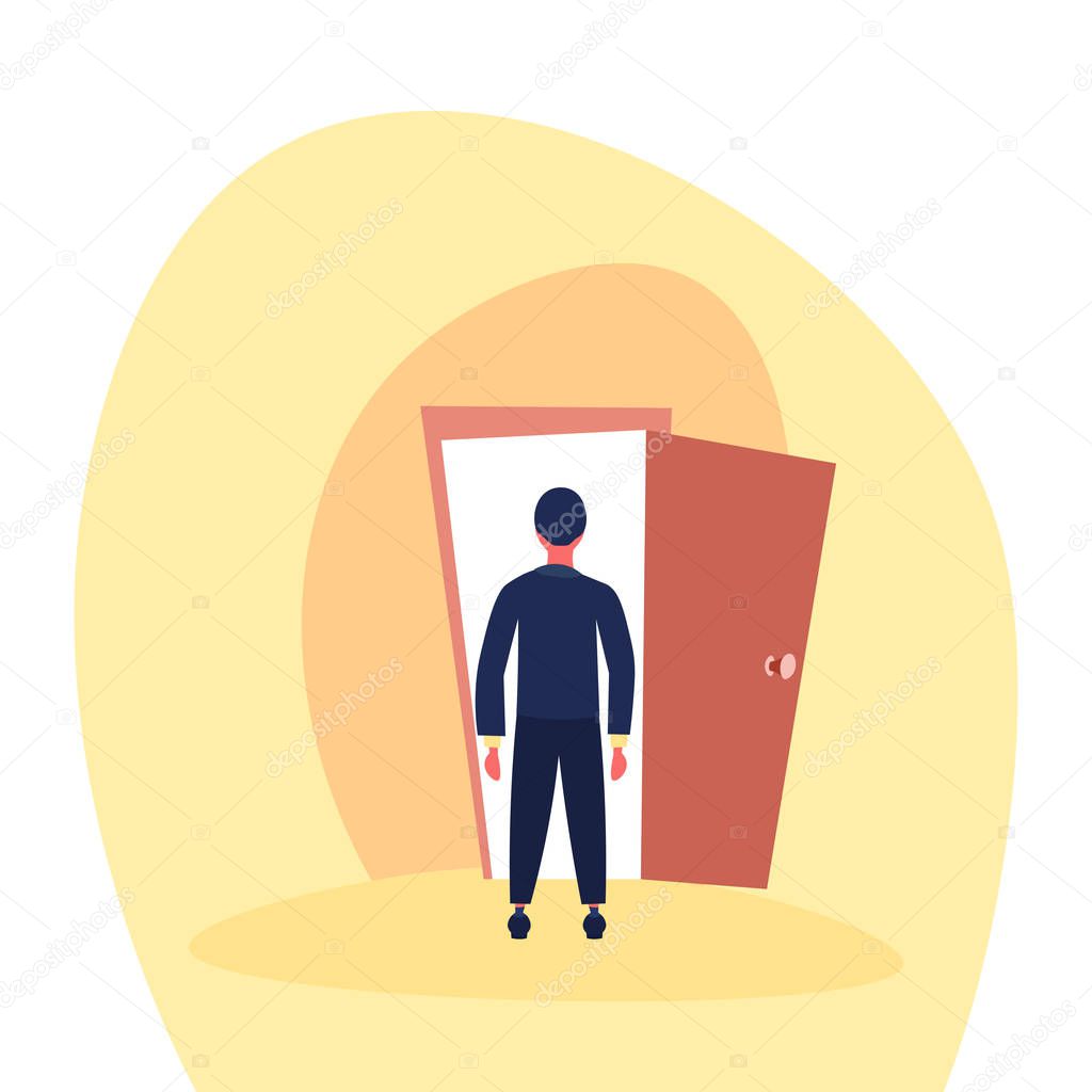 Businessman standing open door entrance business man rear view new opportunity future concept flat