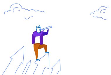 Büyüme grafik başarılı iş adamı yukarı mali ok zenginlik artışı kavramı kroki doodle ayakta dürbün arıyor işadamı