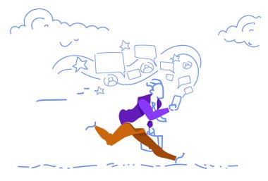Sosyal Medya mobil app konuşma balonu messenger çalışkan işlemi yatay kroki doodle kullanarak sohbet iletişim çalıştıran iş adamı
