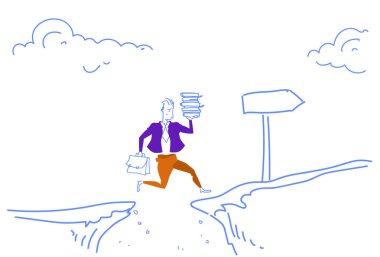 iş adamı kitap yığını atlama uçurum boşluk dağ uçurum kolej öğrenci eğitim kavramı tabela doğru şekilde yön üzerinde tutarak doodle kroki