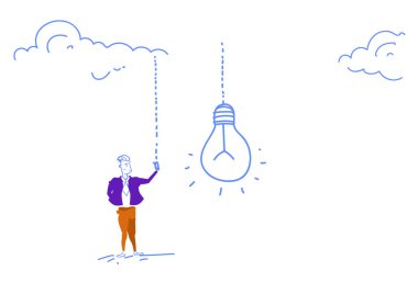 İşadamı el ampul yeni yaratıcı bir fikir başlangıç proje yenilik kavramı yatay geçiş