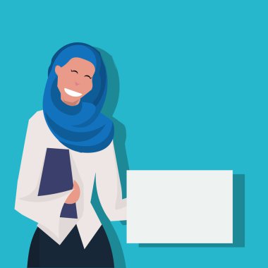 Arap kadın holding geleneksel giysiler saree Arap işkadını kadın karikatür karakter portre avatar düz giyen boş kopya alanı yönetim kurulu
