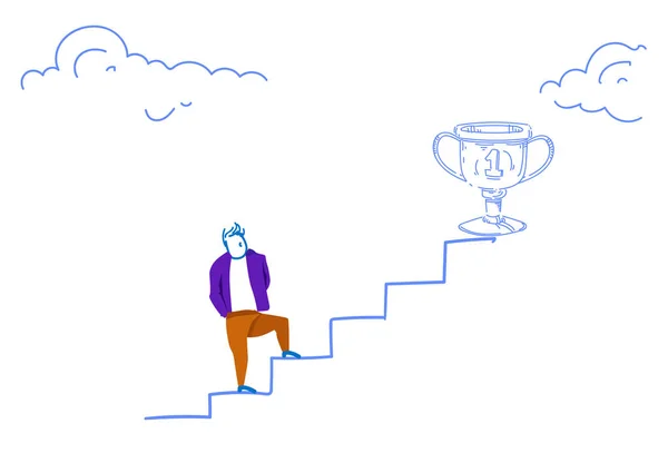 Işadamı tırmanma kariyer merdiven kazanan Kupası kupa şampiyonu birinci kavram yatay kroki doodle — Stok Vektör