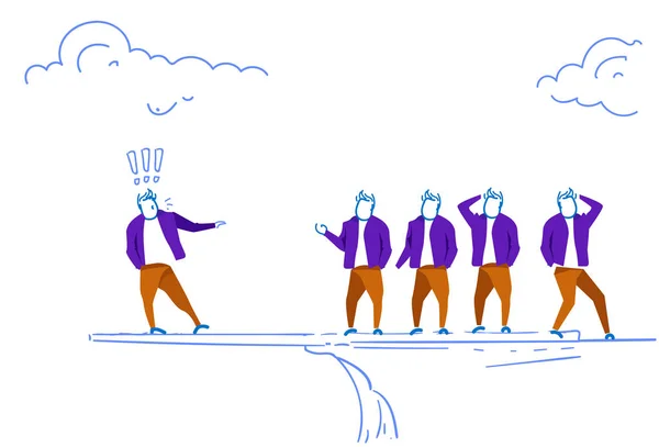 Üzletember vezető tartózkodó szélén szikla felkiáltójel, csinál a hirdetés üzleti csapat Ötletgyűjtés koncepció vázlat doodle vízszintes — Stock Vector