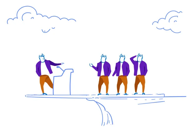 Επιχειρηματίας ομιλητής μένοντας tribune άκρη βράχου κάνει διαφήμιση επιχειρηματική ομάδα brainstorming έννοια σκίτσο doodle οριζόντια — Διανυσματικό Αρχείο