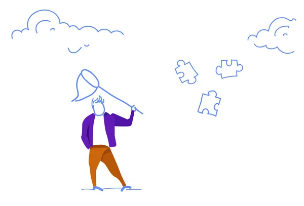 Affärsman holding fjäril netto försöker fånga pussel delar jigsaw problem lösning konceptet business strategi horisontella skiss doodle — Stock vektor