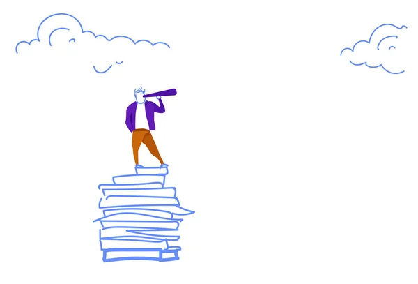 Uomo d'affari alla ricerca binocolo libro stack business vision concept orizzontale schizzo doodle — Vettoriale Stock