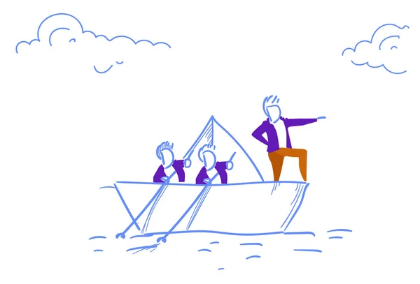 Empresarios equipo natación papel barco líder negocios personas trabajo en equipo liderazgo concepto dirección exitosa bosquejo garabato — Vector de stock