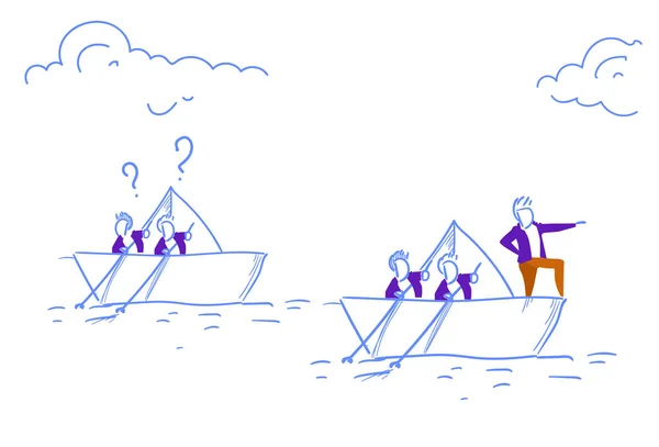 Empresários equipe natação barco de papel levando empresários trabalho em equipe pontos de interrogação seguir conceito de liderança bem sucedida direção esboço doodle —  Vetores de Stock
