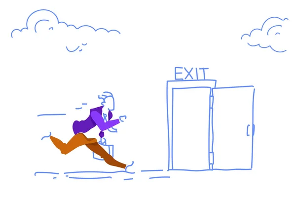 Biznesmen uruchomić otwarte wyjścia drzwi człowiek spieszy się ewakuacja awaryjne poziome szkic doodle — Wektor stockowy