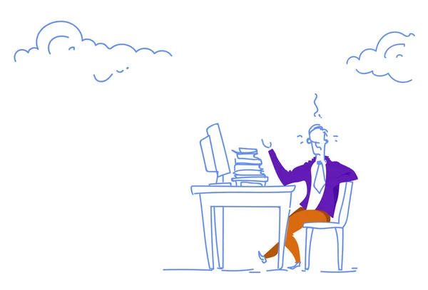 Trött affärsman sitter skrivbord office hårt arbetande processen dator arbetsplatsen horisontella skiss doodle — Stock vektor