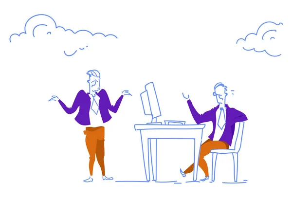 Επιχειρηματίας συνεδρίαση γραφείο γραφείο εργασίας αφεντικό και εργαζόμενος επικοινωνίας έννοια οριζόντια σκίτσο doodle — Διανυσματικό Αρχείο