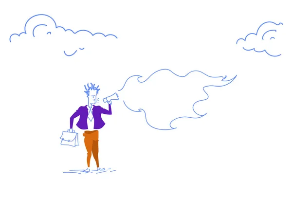 Επιχειρηματίας κρατώντας τηλεβόα μεγάφωνο ομιλητής επιχειρηματική ομάδα ηγέτης ιδέα ψηφιακό μάρκετινγκ ανακοίνωση σκίτσο doodle οριζόντια — Διανυσματικό Αρχείο