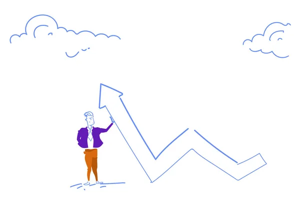 Empresario sosteniendo flecha financiera arriba curva línea finanzas gráfico crecimiento concepto analítico consultor horizontal bosquejo garabato — Vector de stock