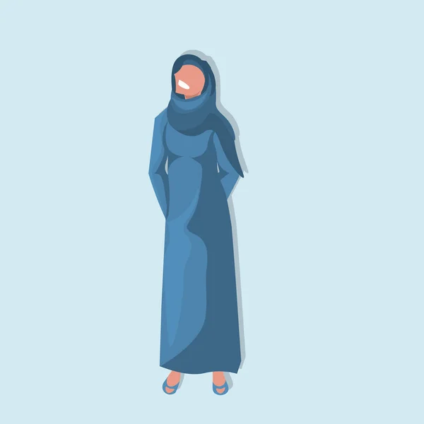 Arabische Frau trägt traditionelle Kleidung saree arabische Geschäftsfrau weibliche Zeichentrickfigur Avatar blauen Hintergrund flach — Stockvektor