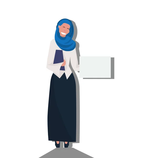 阿拉伯女子手持空抄板穿传统衣服纱丽阿拉伯女商人女卡通人物全长头像隔离平 — 图库矢量图片