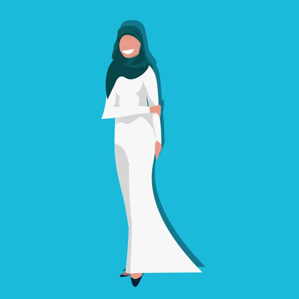 穿传统衣服的阿拉伯妇女披肩阿拉伯人女商人时尚女性卡通人物头像蓝色背景扁平全长 — 图库矢量图片