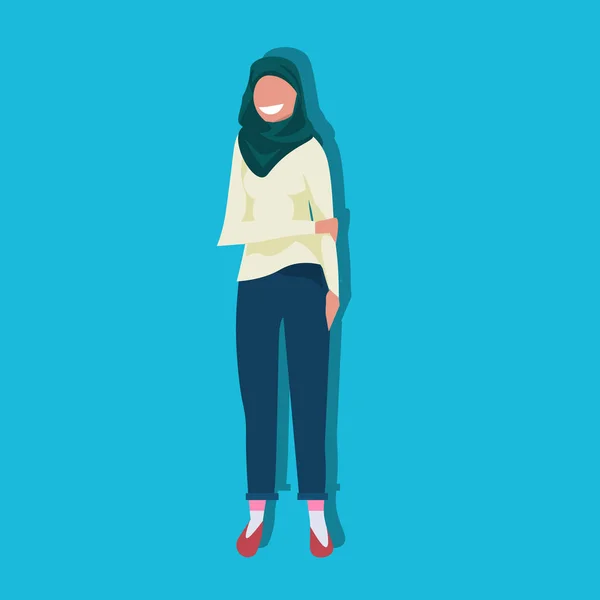 Árabe casual mujer usando tradicional ropa chal árabe mujer de negocios mujer de dibujos animados carácter avatar azul fondo plano longitud completa — Vector de stock
