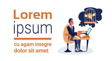 İşadamı çalışma dizüstü düşünme düz izole ampuller kafes yeni fikir kriz sorun ilham kavramı iş adam çizgi film karakteri kopya alanı yatay