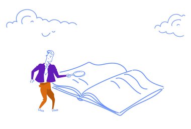 Büyüteç büyütme cam arama bilgi kitap başarılı çalışma kavramı yatay kroki doodle tutan işadamı