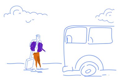 valiz ayakta otobüs tutan işadamı İstasyonu iş atama kavramı yaz tatil ulaşım seyahat kroki doodle yatay