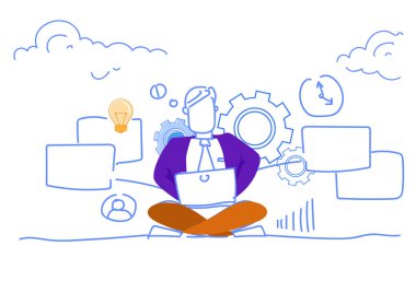 işadamı oturma lotus yenilik kavramı yatay kroki doodle üreten dizüstü sabit çalışma süreci çevrimiçi iletişim adam serbest meslek kullanarak
