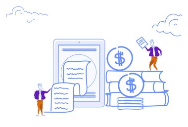 elektronik fatura online ödeme tablet ekran kontrol işlemi doodle kroki yatay bant kitap yığını büyüme servet Doları para e-ticaret kavramı emekçilerin