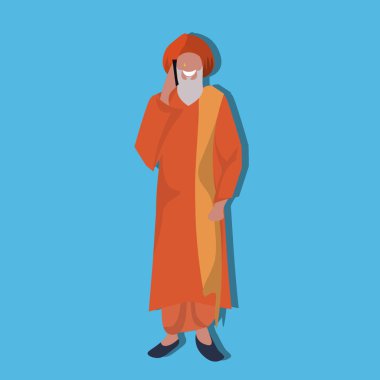 yaşlı Hintli adam telefon ayakta Ulusal geleneksel giyim erkek guru çizgi film karakteri tam uzunlukta düz arama