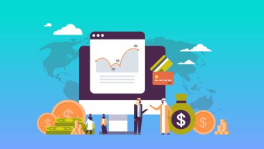 e-ticaret iş para grafik büyüme zenginlik kavram Doları para Arapça insanlar dünya harita arka plan üzerinde düz yatay analiz finans